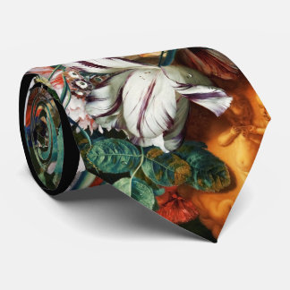 BUTTERFLY ,WHITE FLOWERS AND GREEN LEAVES Floral Tie