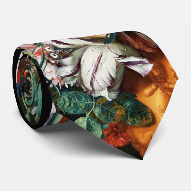 BUTTERFLY ,WHITE FLOWERS AND  GREEN LEAVES Floral  Tie (Rolled)