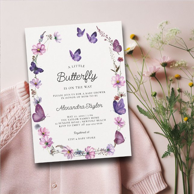Butterfly Wild Purple Mauve Pink Baby Girl Shower Invitation (little butterfly baby girl shower invitation cottage garden watercolor purple wildflowers boho frame)