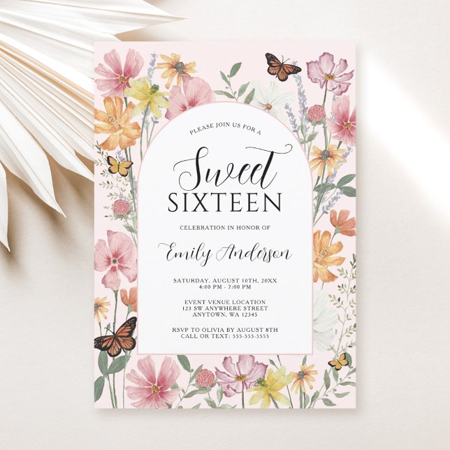 Butterfly Wildflower Arch Pink Sweet 16 Invitation (Creator Uploaded)