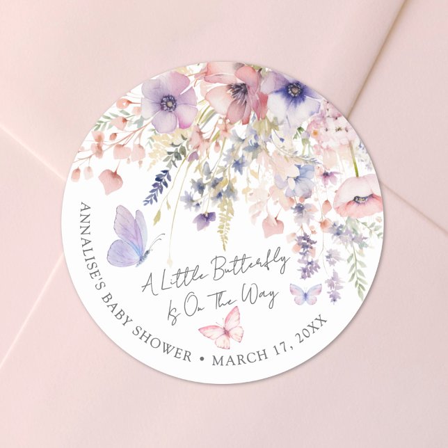 Butterfly Wildflower Baby Shower Classic Round Sticker (Butterfly Wildflower Baby Shower Classic Round Sticker)