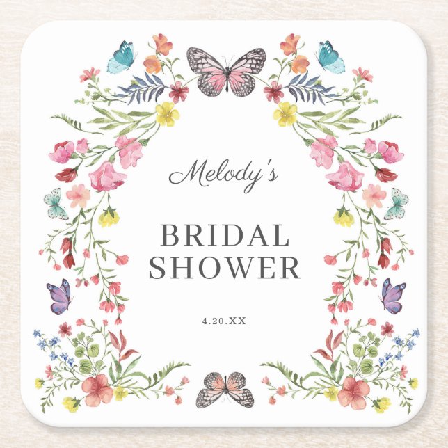 Butterfly Wildflower Bridal Shower Square Paper Coaster (Front)