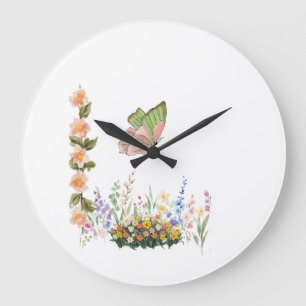 Butterfly & Wildflower Garden Wall Clock – Soft Pi