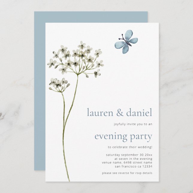 Butterfly Wildflower QR Blue Wedding Evening Party Invitation (Front/Back)