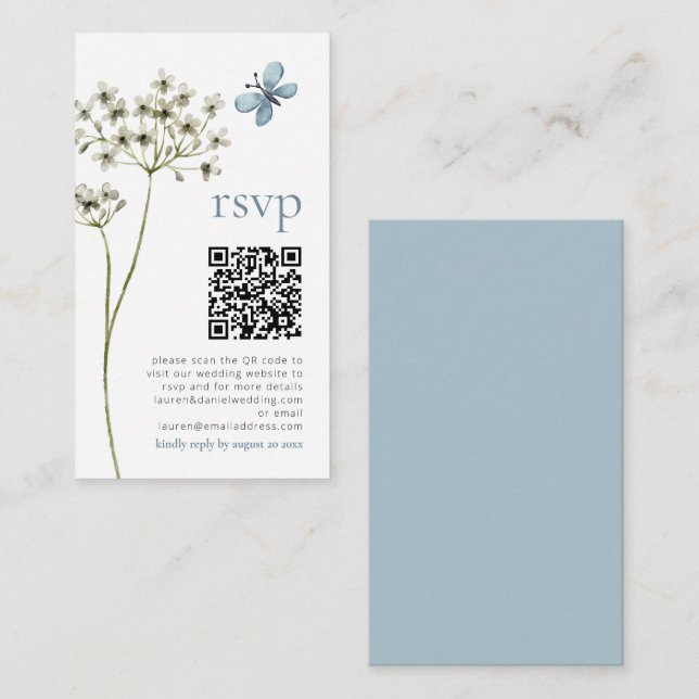 Butterfly Wildflower QR Blue Wedding RSVP Card (Front/Back)
