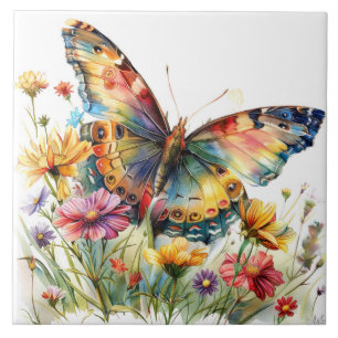 Butterfly & Wildflowers Ceramic Tile