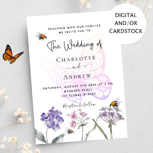 Butterfly wildflowers violet pink wedding invitation