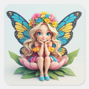 Butterfly Wing Fairy Girl Sitting In Flower Garden Square Sticker