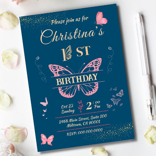 Butterfly wings 1st birthday blue colour invitatio invitation (Creator Uploaded)