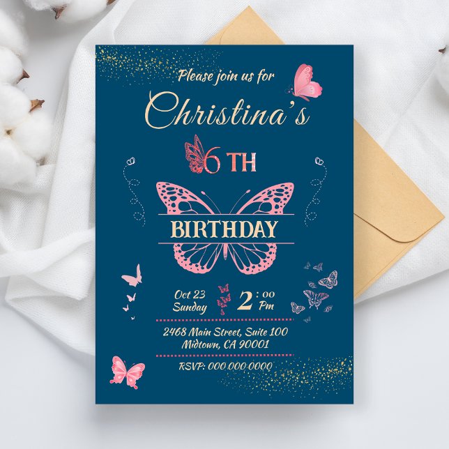 Butterfly wings 6th birthday blue colour  invitation (Creator Uploaded)