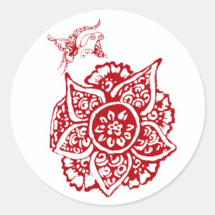 Butterfly with Flower(Henna)(Red) Classic Round Sticker