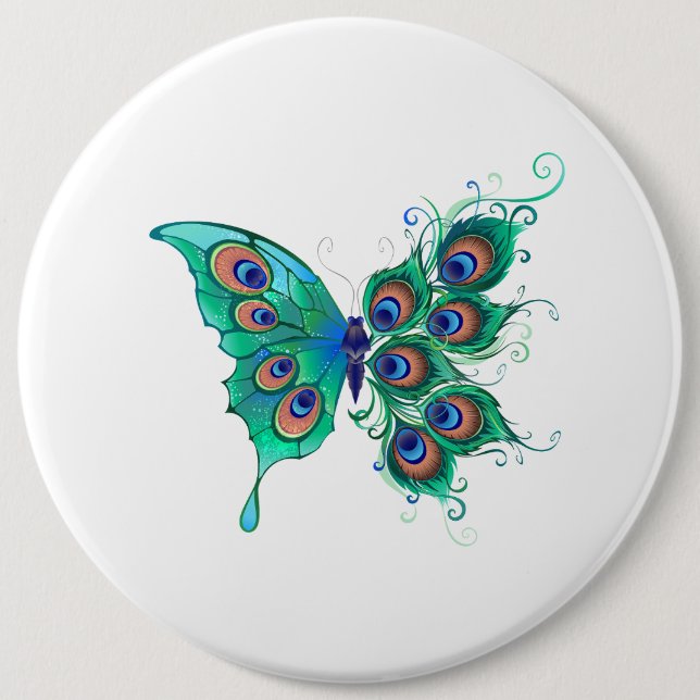 Butterfly with Green Peacock Feathers 6 Cm Round Badge (Front)