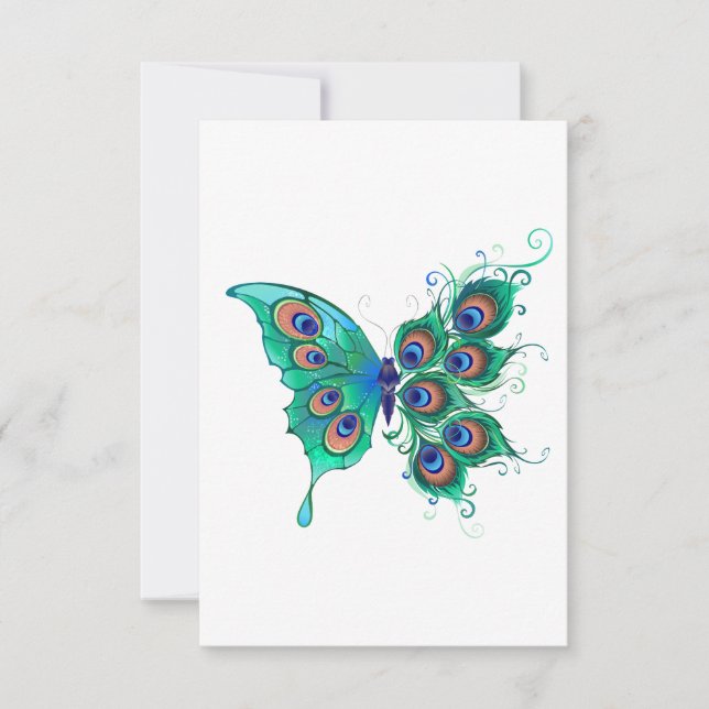 Butterfly with Green Peacock Feathers Announcement (Front)