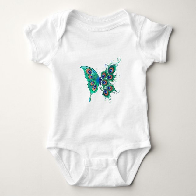 Butterfly with Green Peacock Feathers Baby Bodysuit (Front)