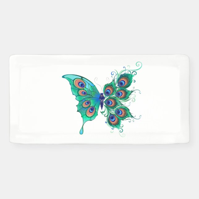 Butterfly with Green Peacock Feathers Banner (Horizontal)