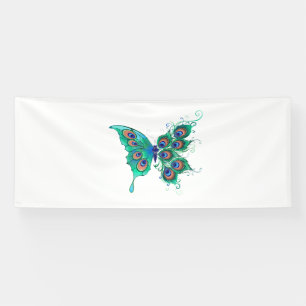 Butterfly with Green Peacock Feathers Banner