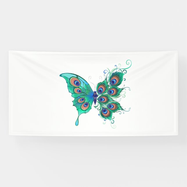 Butterfly with Green Peacock Feathers Banner (Horizontal)