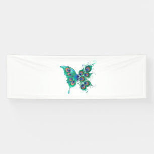 Butterfly with Green Peacock Feathers Banner