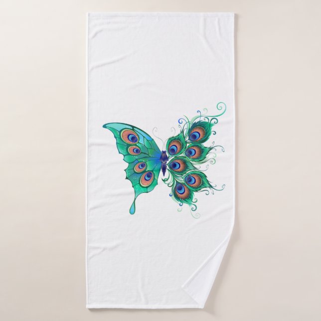 Butterfly with Green Peacock Feathers Bath Towel (Bath Towel)
