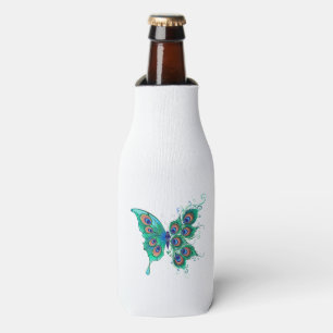 Butterfly with Green Peacock Feathers Bottle Cooler
