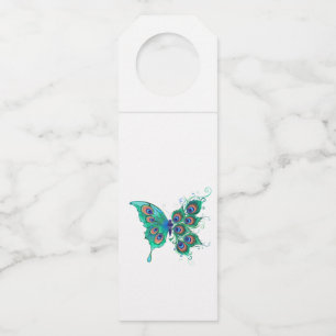 Butterfly with Green Peacock Feathers Bottle Tag