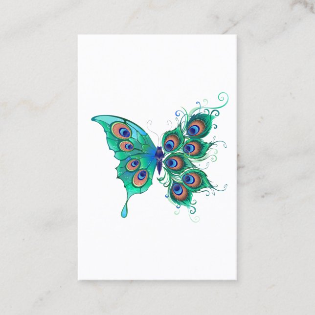 Butterfly with Green Peacock Feathers Business Card (Front)