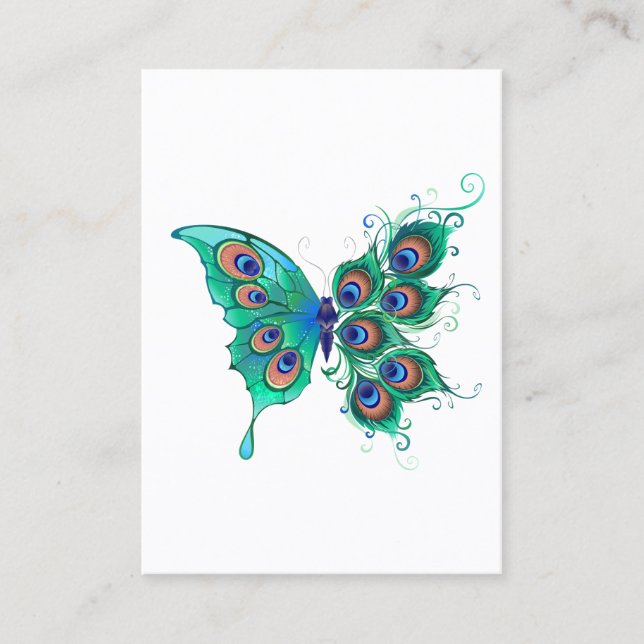 Butterfly with Green Peacock Feathers Calling Card (Front)