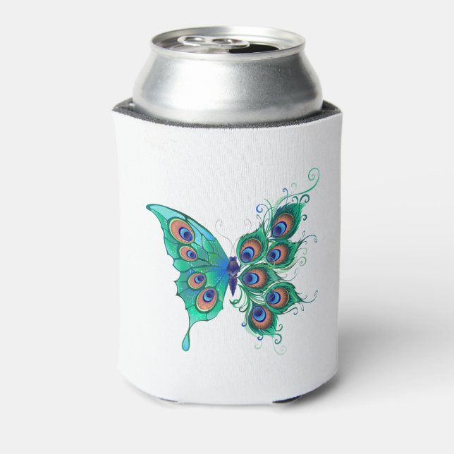 Butterfly with Green Peacock Feathers Can Cooler (Can Back)