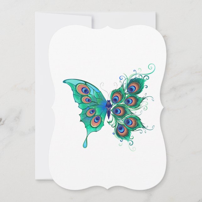 Butterfly with Green Peacock Feathers Card (Front)