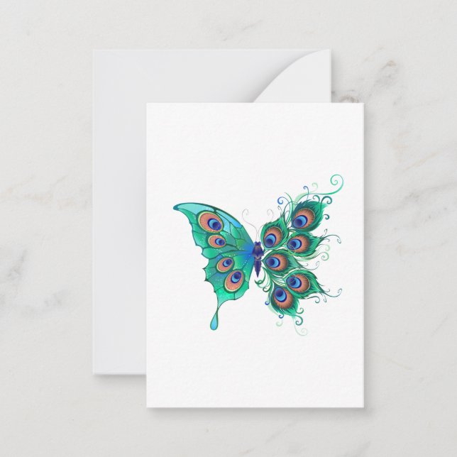 Butterfly with Green Peacock Feathers Card (Front)