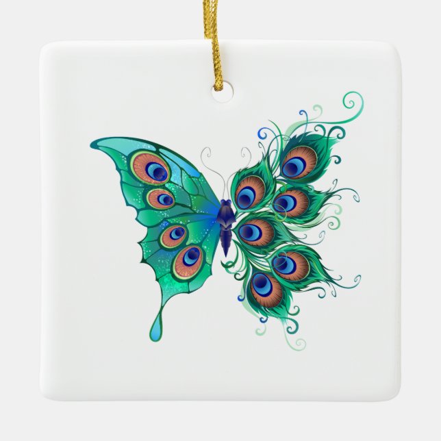 Butterfly with Green Peacock Feathers Ceramic Ornament (Front)