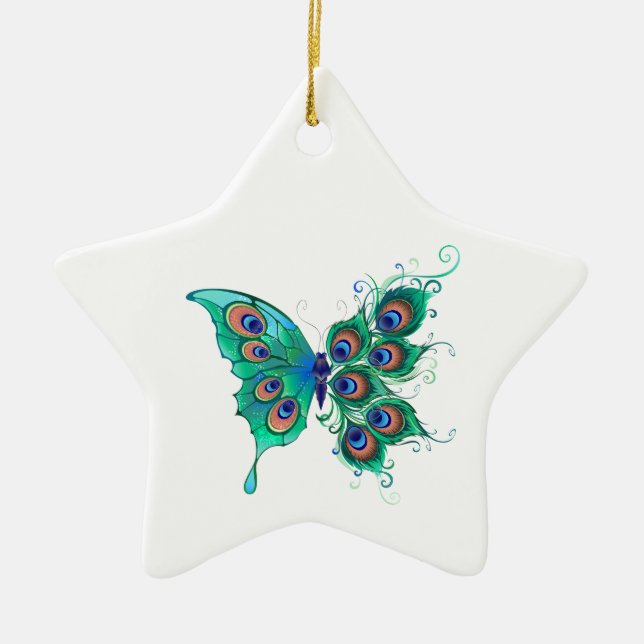 Butterfly with Green Peacock Feathers Ceramic Tree Decoration (Front)