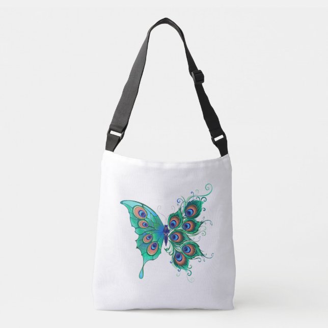 Butterfly with Green Peacock Feathers Crossbody Bag (Front)