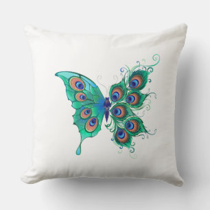 Butterfly with Green Peacock Feathers Cushion