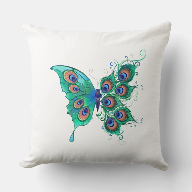Butterfly with Green Peacock Feathers Cushion (Front)