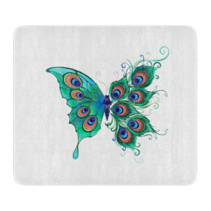 Butterfly with Green Peacock Feathers Cutting Board