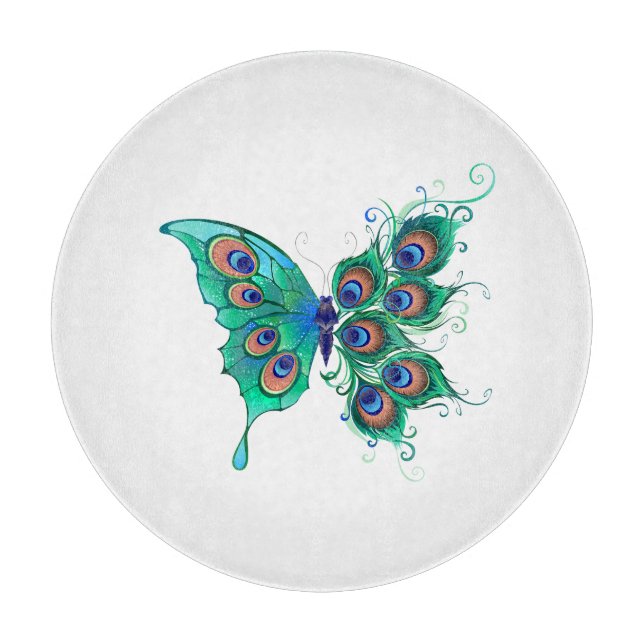 Butterfly with Green Peacock Feathers Cutting Board (Front)