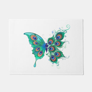 Butterfly with Green Peacock Feathers Doormat