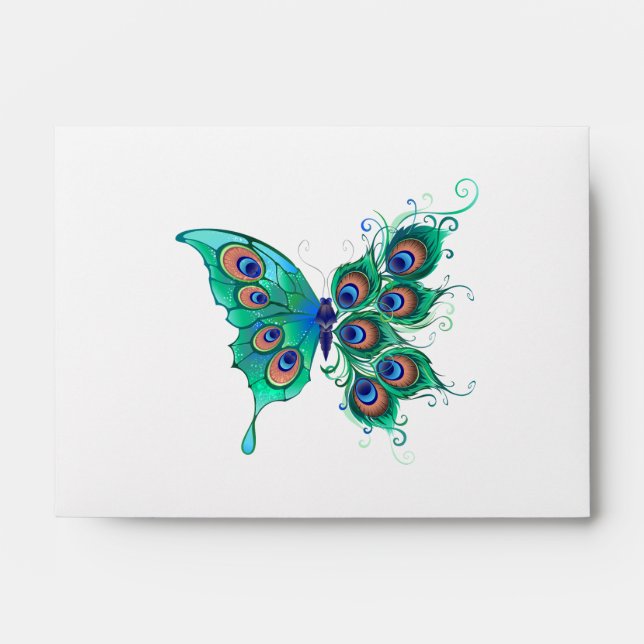Butterfly with Green Peacock Feathers Envelope (Front)
