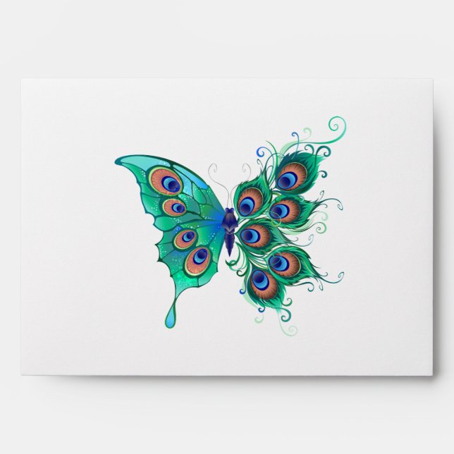 Butterfly with Green Peacock Feathers Envelope (Front)