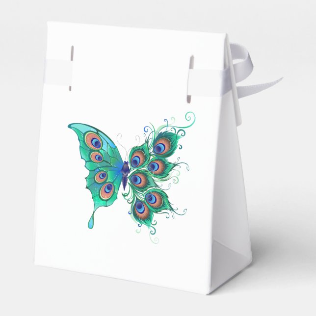 Butterfly with Green Peacock Feathers Favour Box (Back Side)