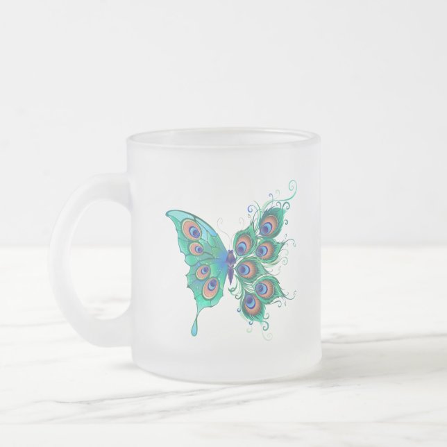 Butterfly with Green Peacock Feathers Frosted Glass Coffee Mug (Left)