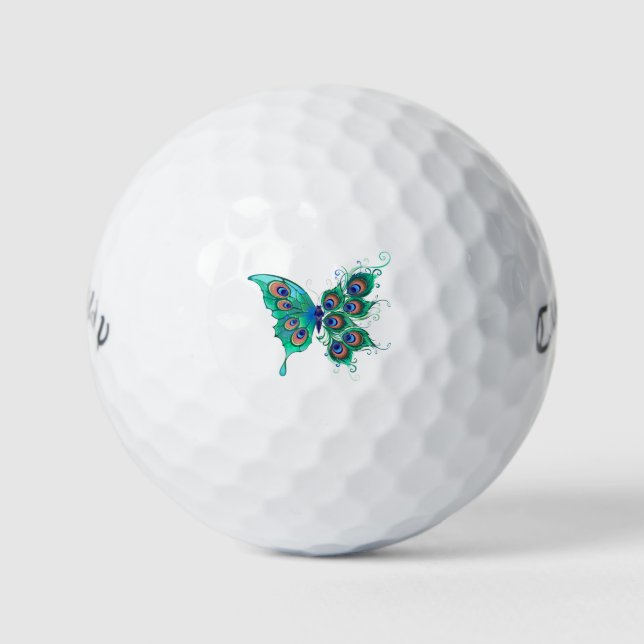 Butterfly with Green Peacock Feathers Golf Balls (Front)