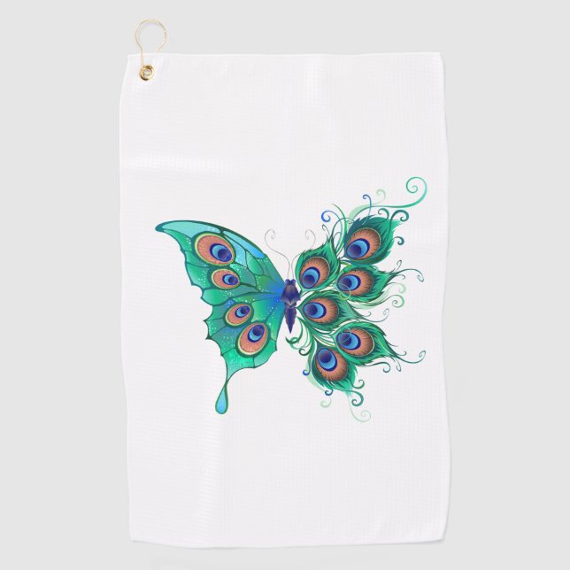 Butterfly with Green Peacock Feathers Golf Towel (Front)