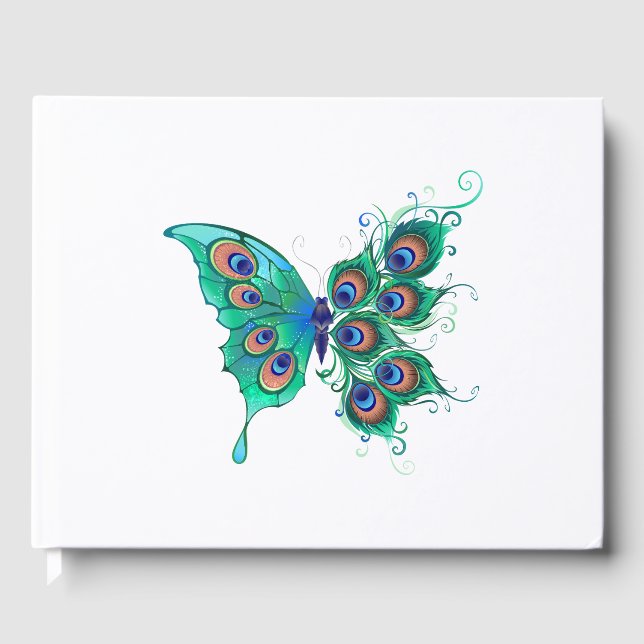 Butterfly with Green Peacock Feathers Guest Book (Front)