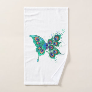 Butterfly with Green Peacock Feathers Hand Towel