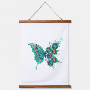 Butterfly with Green Peacock Feathers Hanging Tapestry