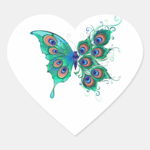 Butterfly with Green Peacock Feathers Heart Sticker