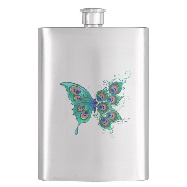Butterfly with Green Peacock Feathers Hip Flask (Front)