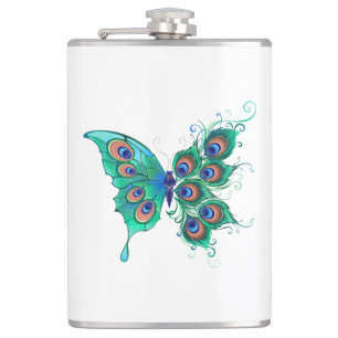 Butterfly with Green Peacock Feathers Hip Flask